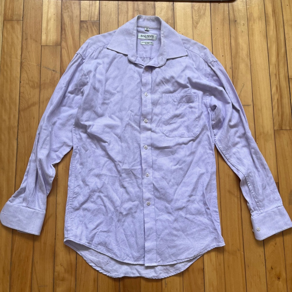 BALMAIN PARIS Mens Dress Shirt Lavender Herringbone Cotton Size S 14.5 32/33